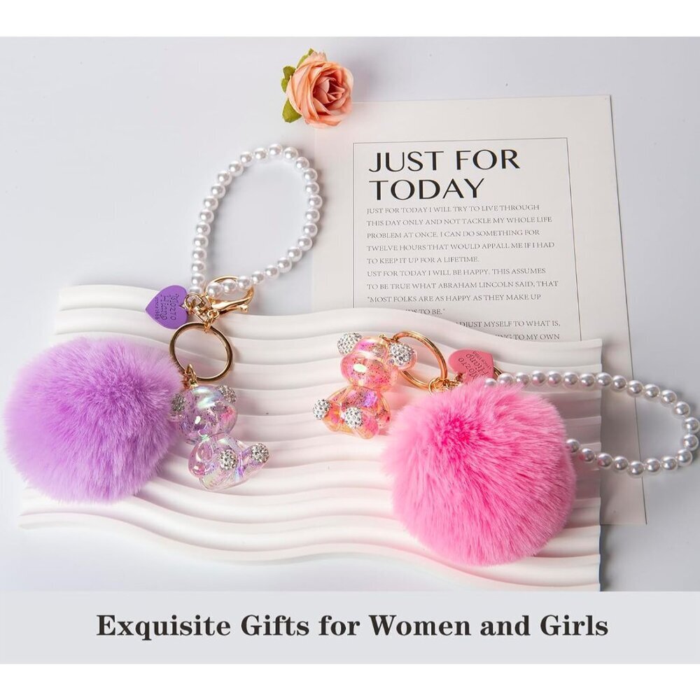 Cute Teddy Bear Keychain Bling Pom Pom Wristlet for Women Gifts - Picture 4 of 7